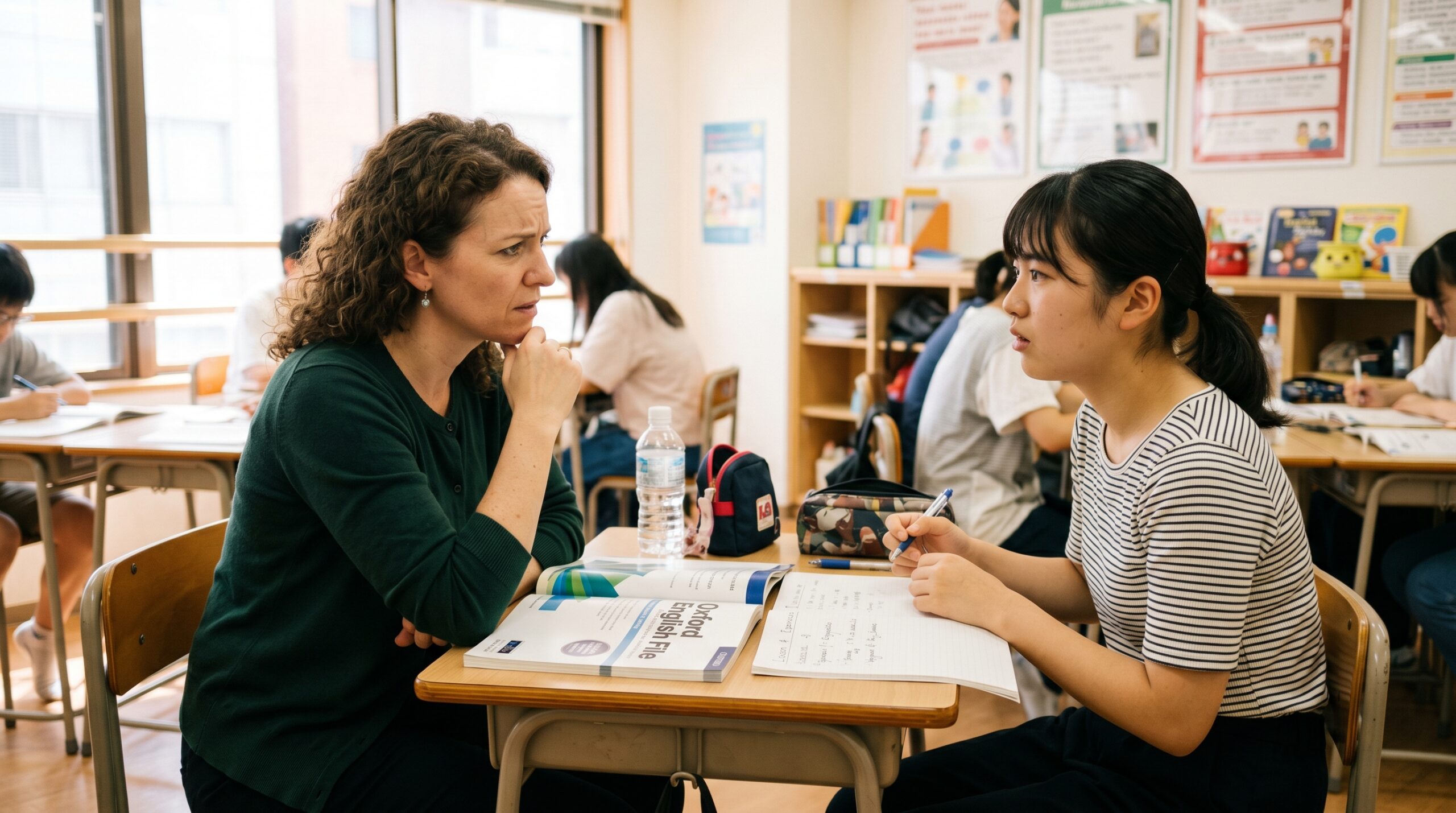 英会話スクールで会話する外国人講師と日本人生徒