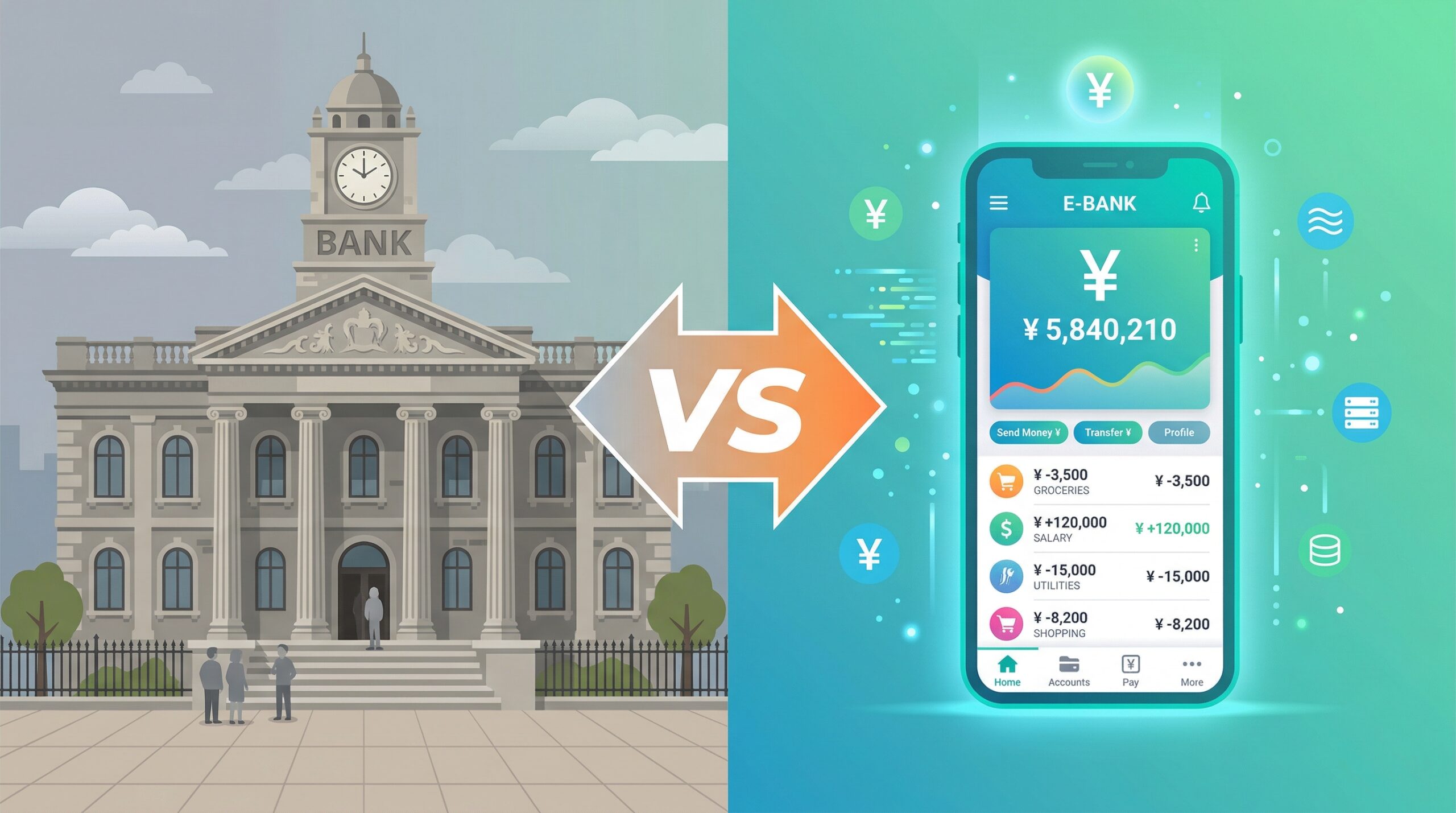 ネット銀行と普通の銀行の比較イラスト