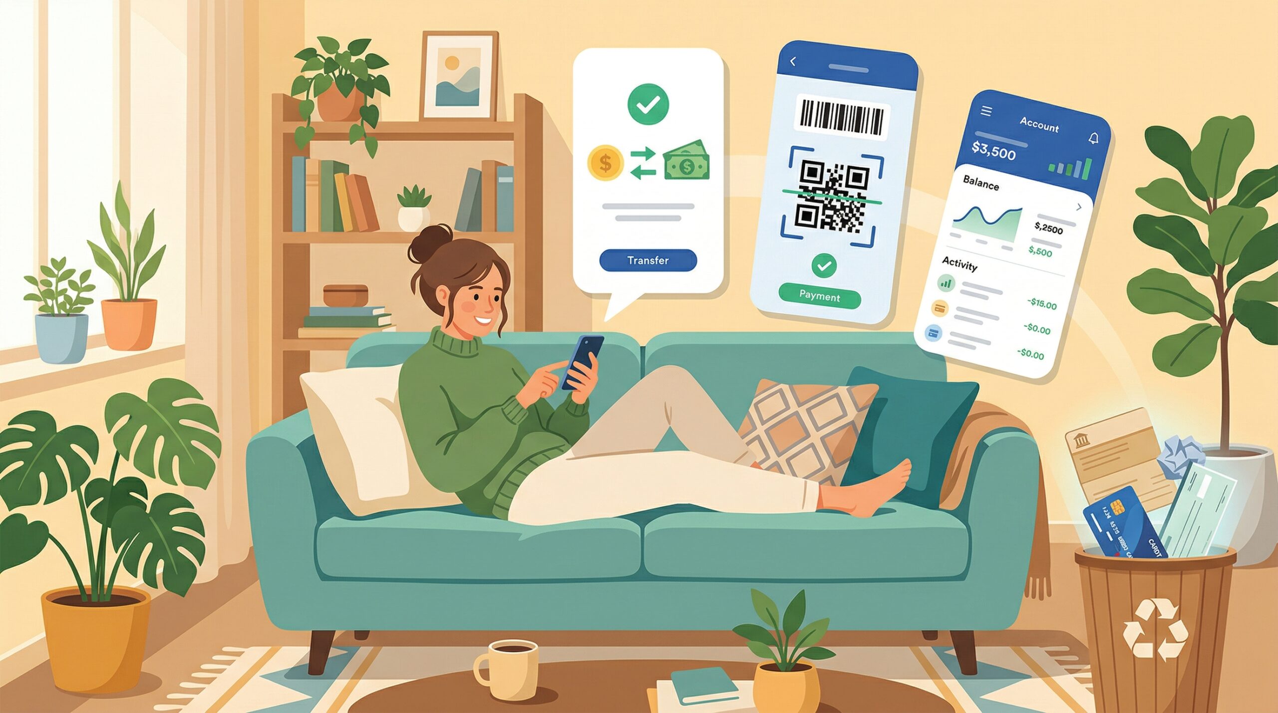 自宅でスマホ銀行を使うイラスト