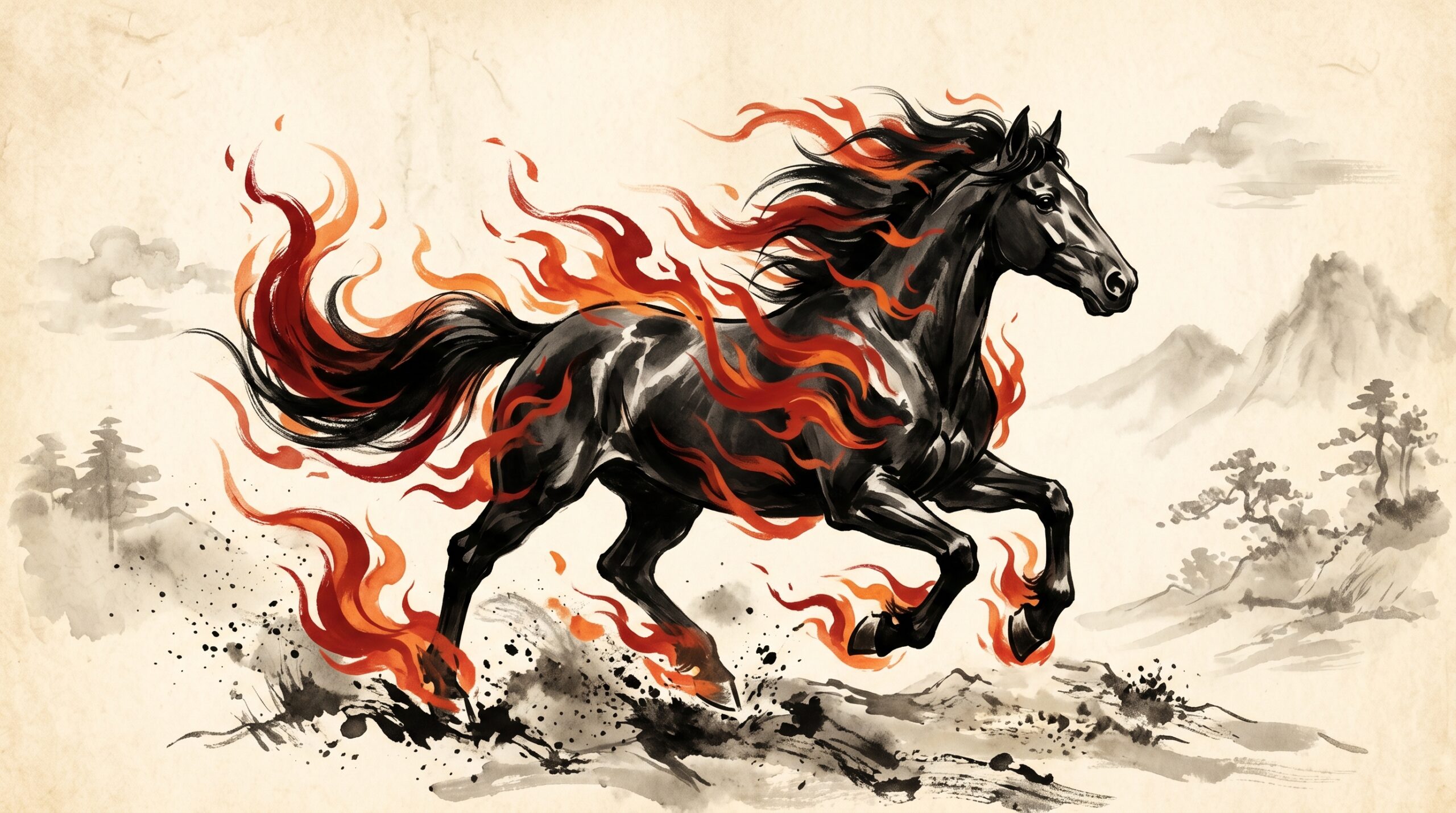 炎をまとって走る馬の墨絵風イラスト。丙午（ひのえうま）のイメージ