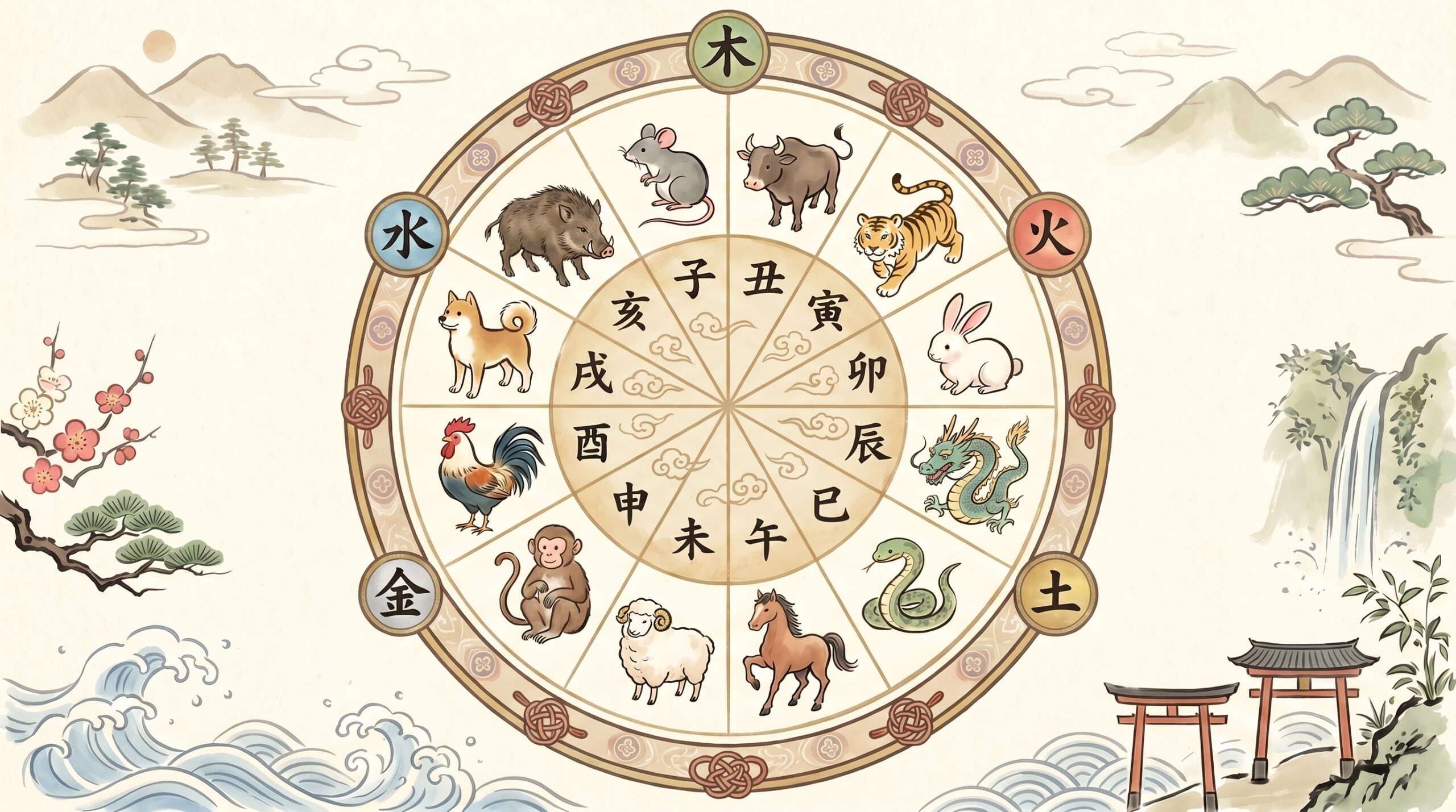十二支の動物（亥は日本式の猪）と漢字、外周に五行（木火土金水）が配置された日本画風イラスト