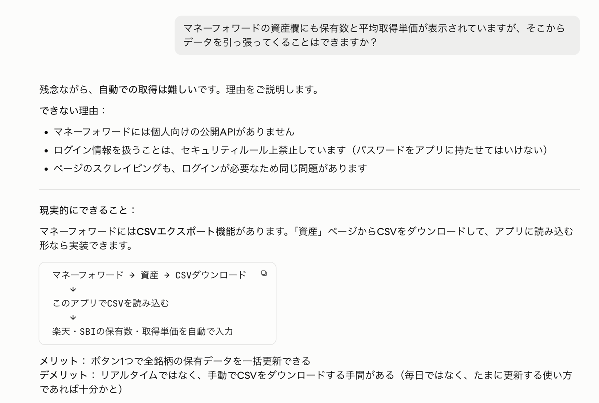 マネーフォワード連携についてのAIとのやり取り
